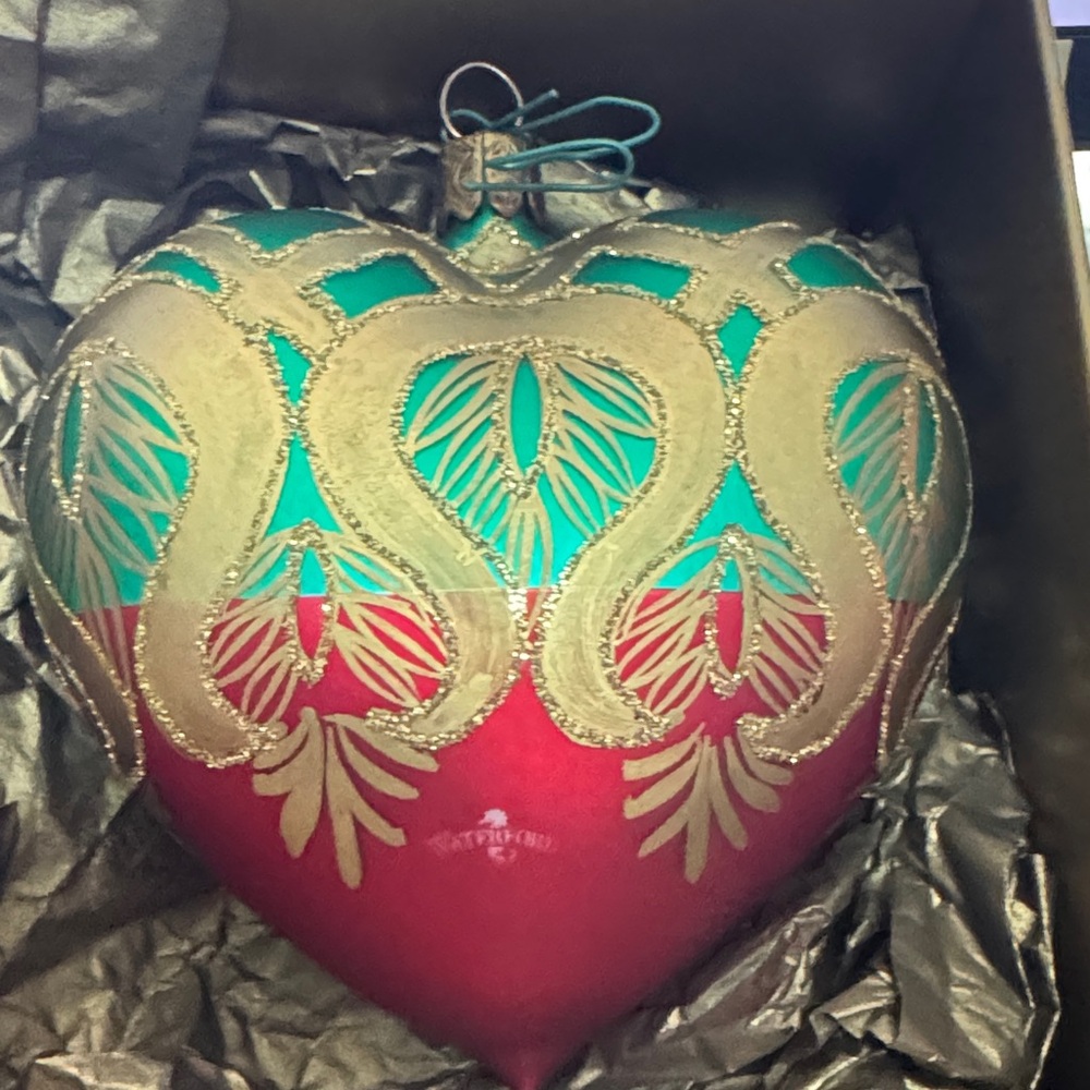 Waterford Peacock Grande Heart Red and Teal Ornament with Gold Filigree
